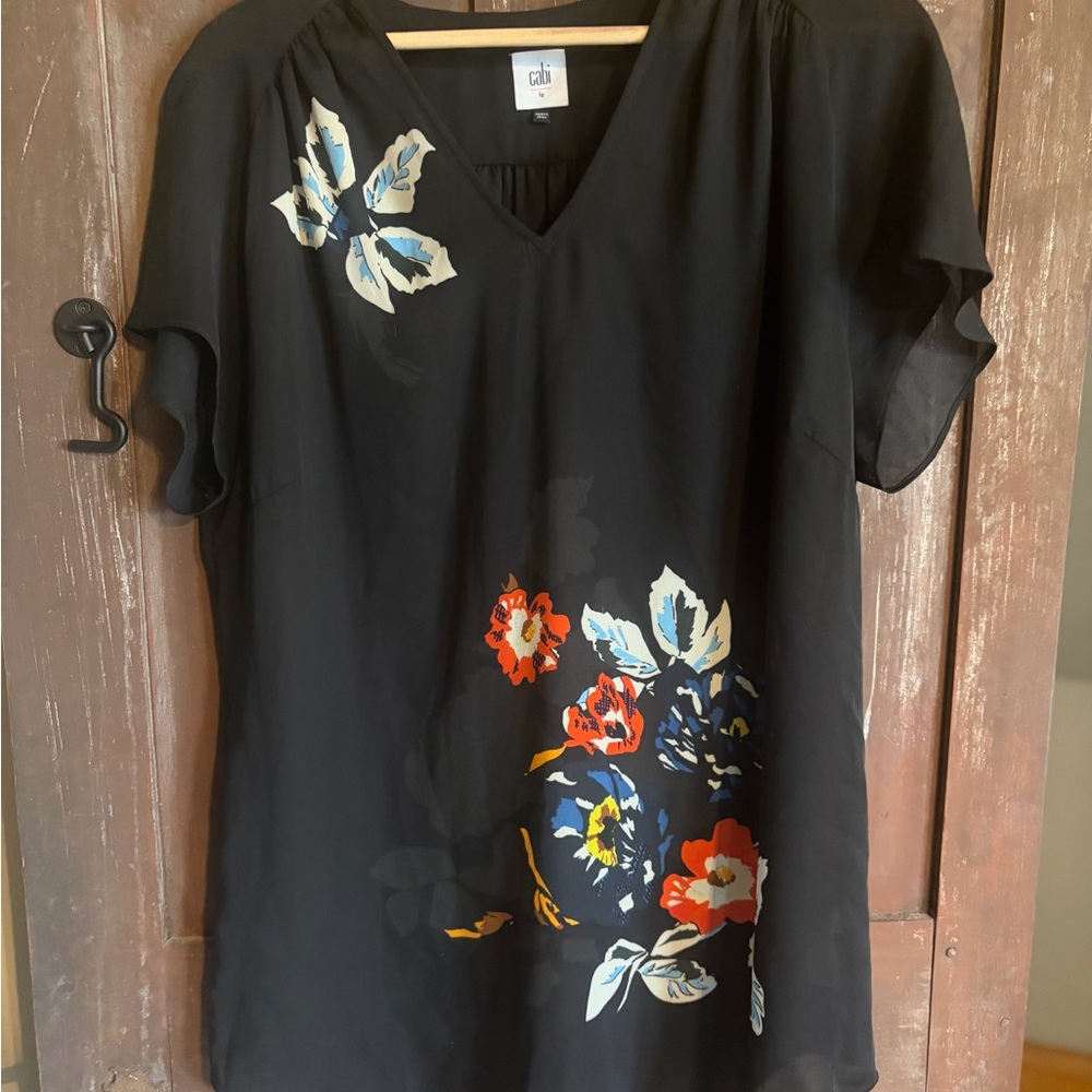 CAbi Black Top with Colorful Floral Design